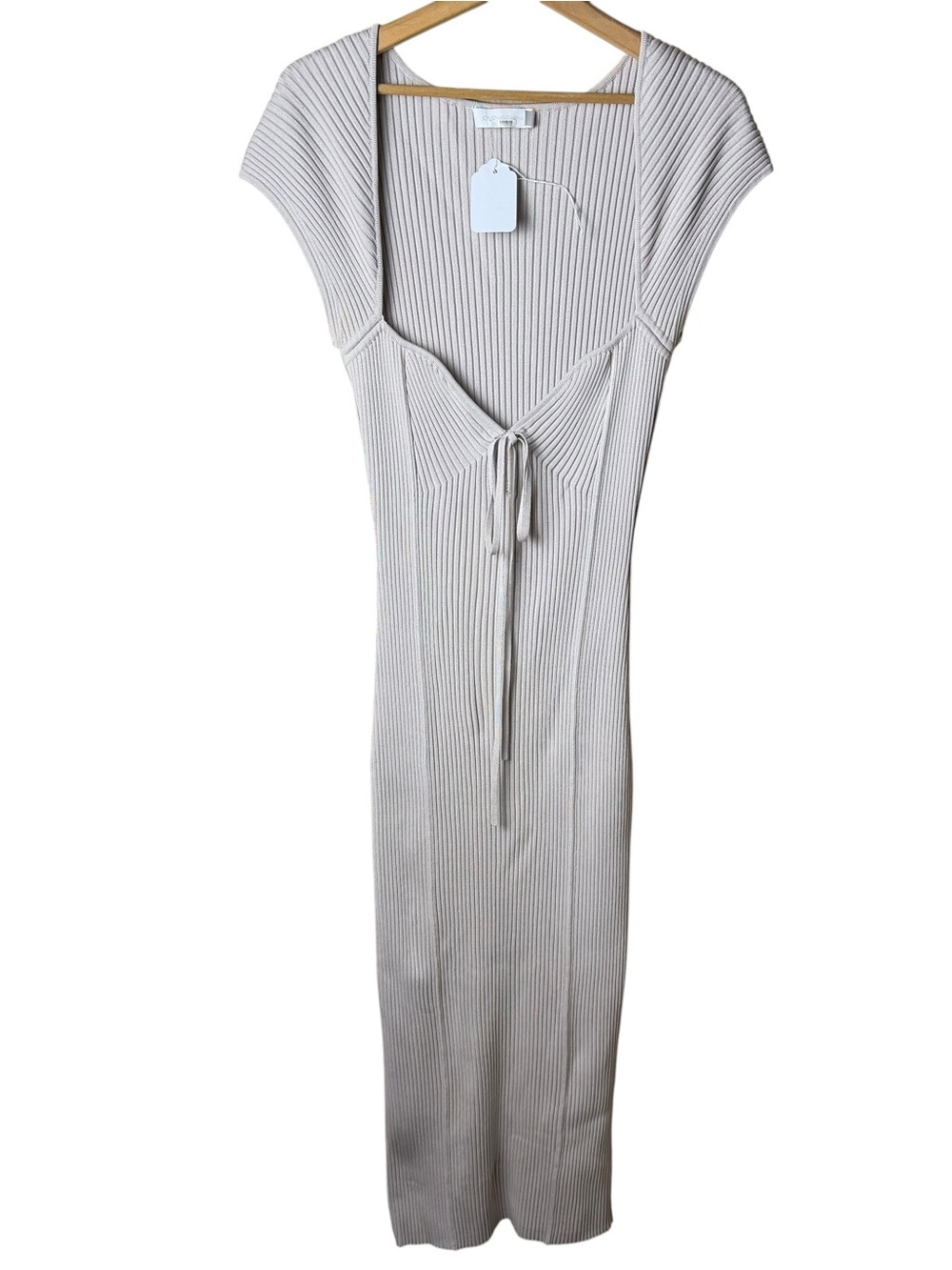 Jonathan Simkhai Rib Knit Tie Front Midi Dress Taupe Beige Size L - Picture 3 of 7
